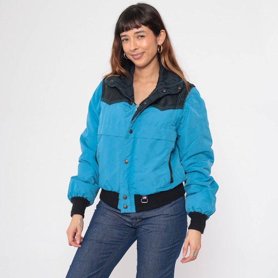 Convertible Puffer Jacket 80s Ski Jacket Blue Retro Zip Off Sleeve Vest Puffy Coat Color Block 1980s Western Yoke Black Puff Zip Up Large L
