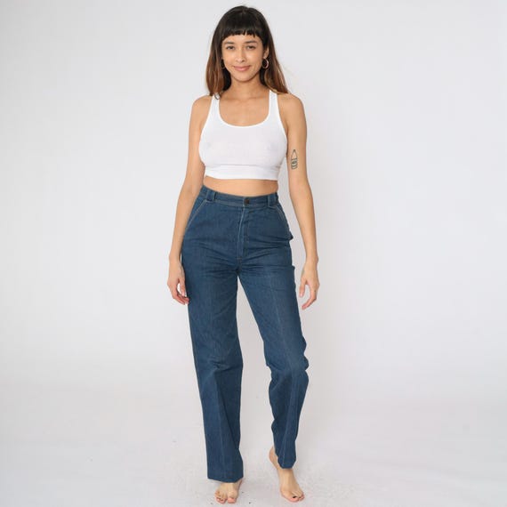 Vintage 80s Western Jeans Straight Leg High Rise Waist Embroidered Retro Dark Wash Denim Pants Karen Silton Sport Blue 1980s Small S
