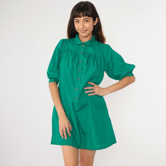 70s Green Yoke Dress Puff Sleeve Peter Pan Collar Button Up A-Line Vintage Retro Cottagecore Shirtdress Plain Pocket Smock Medium