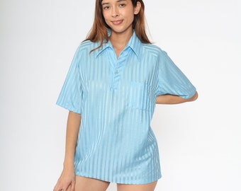 Baby Blue Polo Shirt 70s Embossed Striped Button Up Shirt Collared Short Sleeve Retro Shirt Plain Preppy Pocket Vintage 1970s Men's Large L