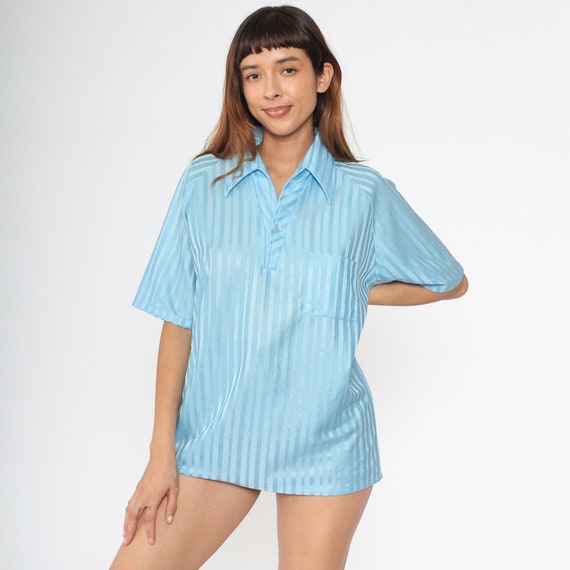 Baby Blue Polo Shirt 70s Embossed Striped Button Up Shirt Collared Short Sleeve Retro Shirt Plain Preppy Pocket Vintage 1970s Men's Large L