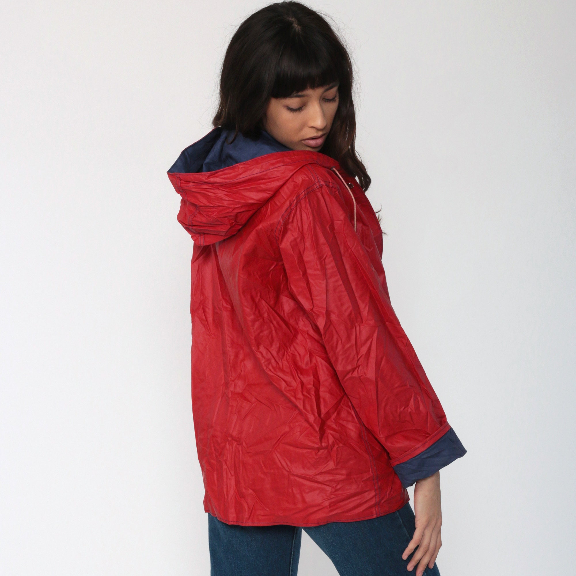 women's red raincoat with hood