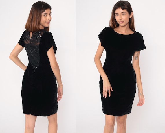 Black Velvet Dress Sequin 90s Knee Length Lace Back Panel Fitted Bodycon Round Neck Cocktail Party Evening Club Night Out Vintage Small S
