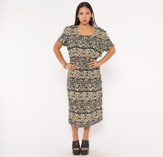 Tribal Print Midi Dress 2000s Maggy London Navy Cream Geometric Scoop Neck Short Sleeve Back Zip Column Shift Vintage Women Large L
