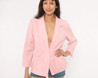 Jaren 70 roze blazer met open voorkant, ingekeepte revers, opgestikte zak, roze jas, jas met driekwart mouwen, lente pastel coquette vintage medium M