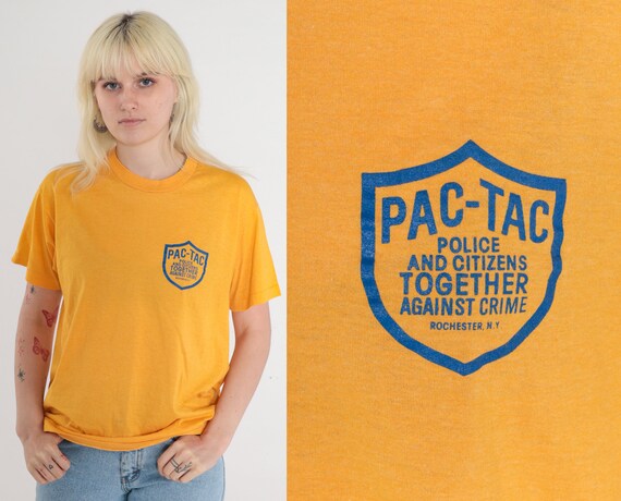 PAC-TAC Shirt 80s Rochester Police T-Shirt Citizens Against Crime Graphic Tee New York Cops TShirt Single Stitch Yellow Vintage 1980s Medium