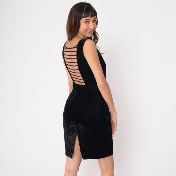 Velvet Mini Dress 90s Black Party Dress Strappy Open Back Square Neckline Sleeveless Sheath Minidress Vintage 1990s Hollywood Nites Medium 8