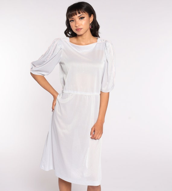 80s Striped Dress PUFF Sleeve Grey Midi Dress Semi-Sheer Puffy High Waisted Boho Hippie Retro Vintage Minidress Medium