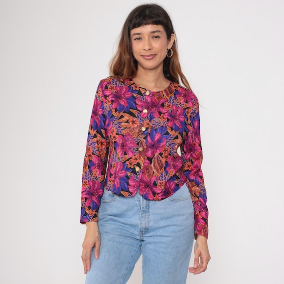80s Tropical Floral Shirt Button Up Blouse Fuchsia Purple Lily 90s Long Sleeve Top Bright Summer 1980s Vintage Bohemian Jungle Petite Small