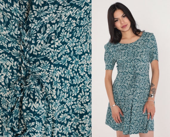 Ditsy Floral Dress 90s Mini Day Dress Lace Up Corset Short Sleeve Minidress Blue Green Flower Print Summer Vintage 1990s Medium 14