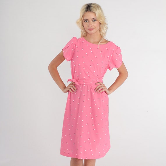 Pink Floral Dress 70s Midi Dress Tulip Puff Sleeve Ditsy Flower Print Knee Length Summer Bohemian High Waisted Belted Vintage 1970s Medium M