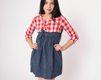 70s Babydoll Mini Dress Red Buffalo Plaid Chambray Dress 60s Mod Cottagecore 1970s Dolly Empire Waist Checkered Vintage Petite xs