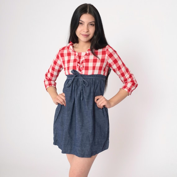 70s Babydoll Mini Dress Red Buffalo Plaid Chambray Dress 60s Mod Cottagecore 1970s Dolly Empire Waist Checkered Vintage Petite xs