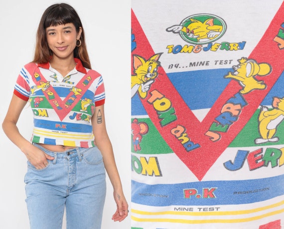 Vintage Tom and Jerry Shirt Graphic Polo Shirt 80s Cat and Mouse Mine Test Cartoon T Shirt Retro Tee 1980s Crop Top All Over Print 2xs xs