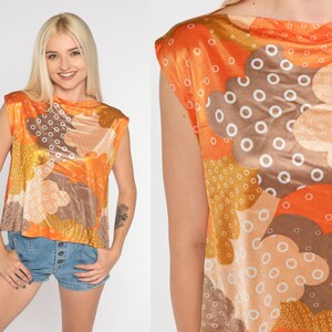 Cloud Print Top 70s Psychedelic Shirt Hippie Blouse Abstract Boho Sleeveless Boat Neck Mod Retro Cap Sleeve Orange Vintage 1970s Small S image 1