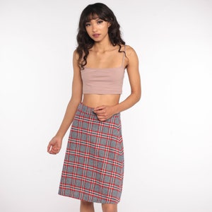 Plaid Skirt School Girl Midi Skirt Grey Red High Waisted 70s Dark Academia Preppy Checkered Skirt Retro Vintage 1970s Small