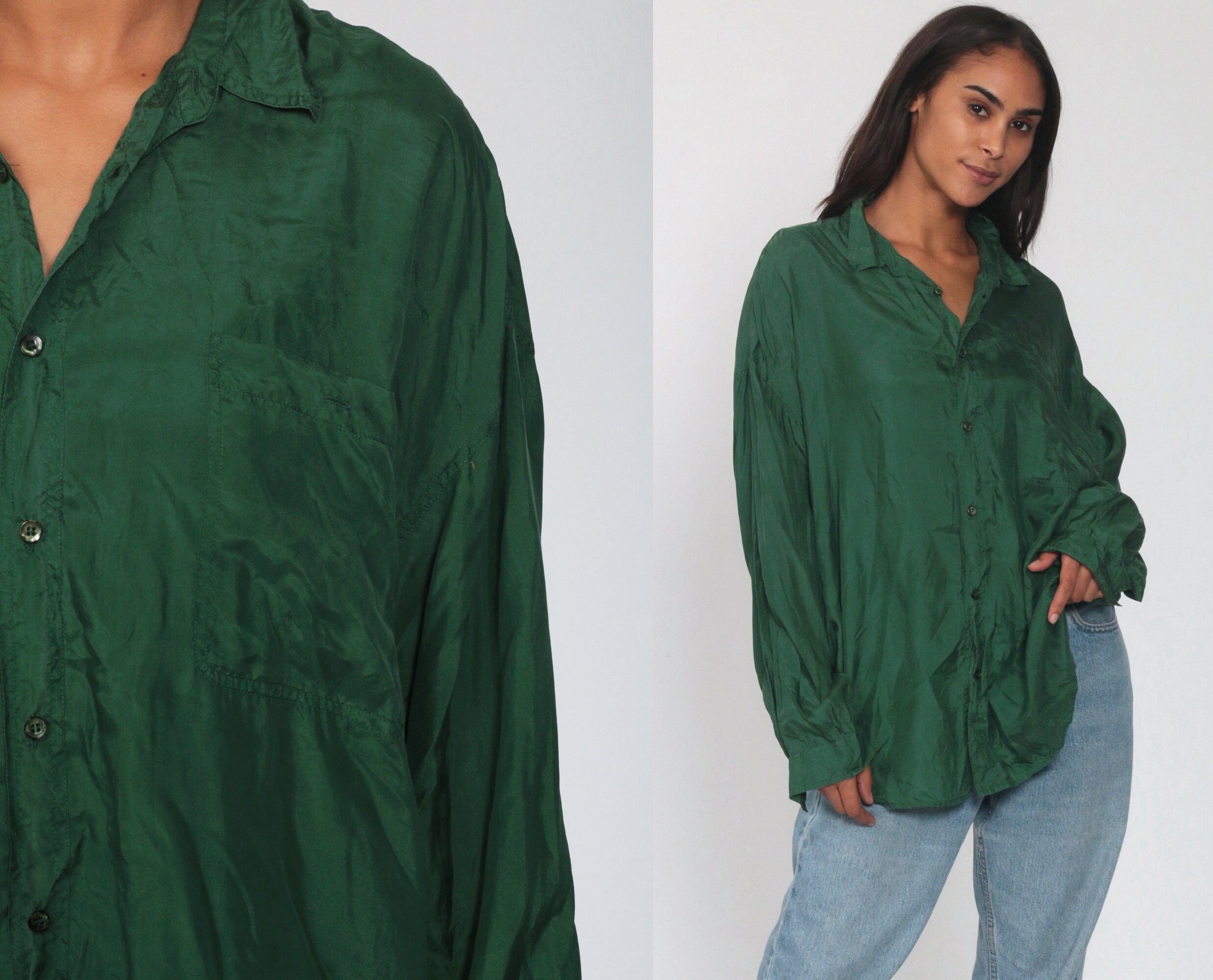 90s Silk Shirt xl Green Button Up Shirt 