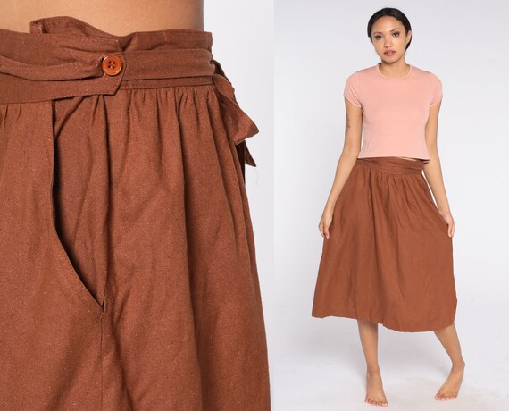 Brown Wrap Skirt 80s Raw Silk Midi Skirt Boho High Waisted Pleated Pocket Skirt Plain Hippie Retro Bohemian Simple Vintage 1980s Medium M