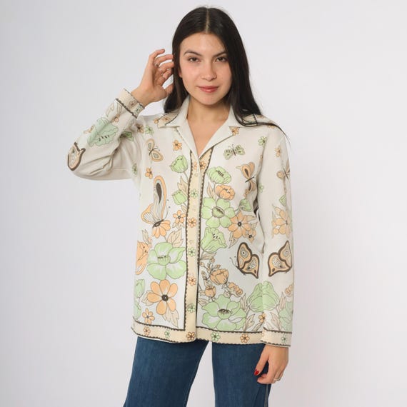70s Butterfly Blouse Cream Green Orange Floral Vintage Long Sleeve Button Down Garden Nature Hippie Groovy Cottagecore Botanicals Large L