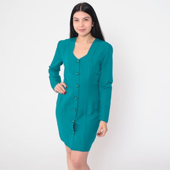 Teal Green Dress 90s All That Jazz Mini Dress Jewel Button up Long Sleeve Shift Notched V Neck Simple Plain Pleated Vintage 1990s Small S