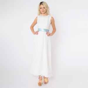 Vintage 60s White Party Dress Mod Chiffon Flocked Polka Dot Blue Satin Bow Ruffle Trim Organza Bridal Maxi Wedding Gown 1960s Extra Small xs