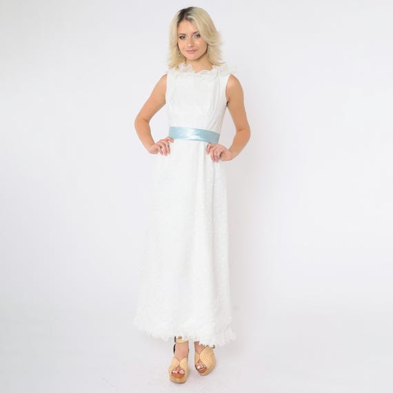 Vintage 60s White Party Dress Mod Chiffon Flocked Polka Dot Blue Satin Bow Ruffle Trim Organza Bridal Maxi Wedding Gown 1960s Extra Small xs