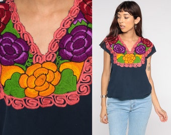 Mexican Embroidered Top Navy Blue Floral Shirt Hippie Blouse Boho Shirt FESTIVAL Tunic Bohemian Vintage Retro Small Medium