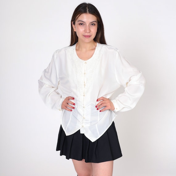 Beaded White Blouse 80s Lace Pearl Rhinestone Button Up Shirt Long Sleeve Top Retro Formal Vintage 1980s Party Collarless Extra Large xl