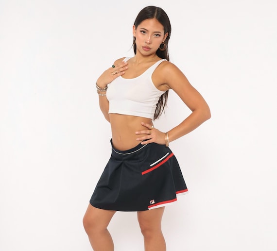 90s Fila Tennis Skirt Navy Blue Pleated Mini Red White Stripe Trim Sporty Collegiate Athletic Preppy Court Style Vintage Womens Large L