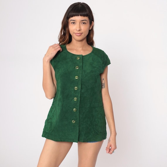 70s Green Suede Tunic Top Button Front Cap Sleeve Blouse Round Neck Vintage Forest Olive Shirt Moss Sage Hunter Hippie Earth Tone Large L
