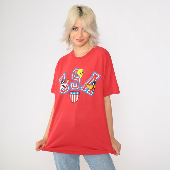 90s Looney Tunes Shirt USA Tweety Bird Shirt Sylvester The Cat Tshirt Daffy Duck Warner Bros Cartoon T Shirt Graphic Vintage Tee Large