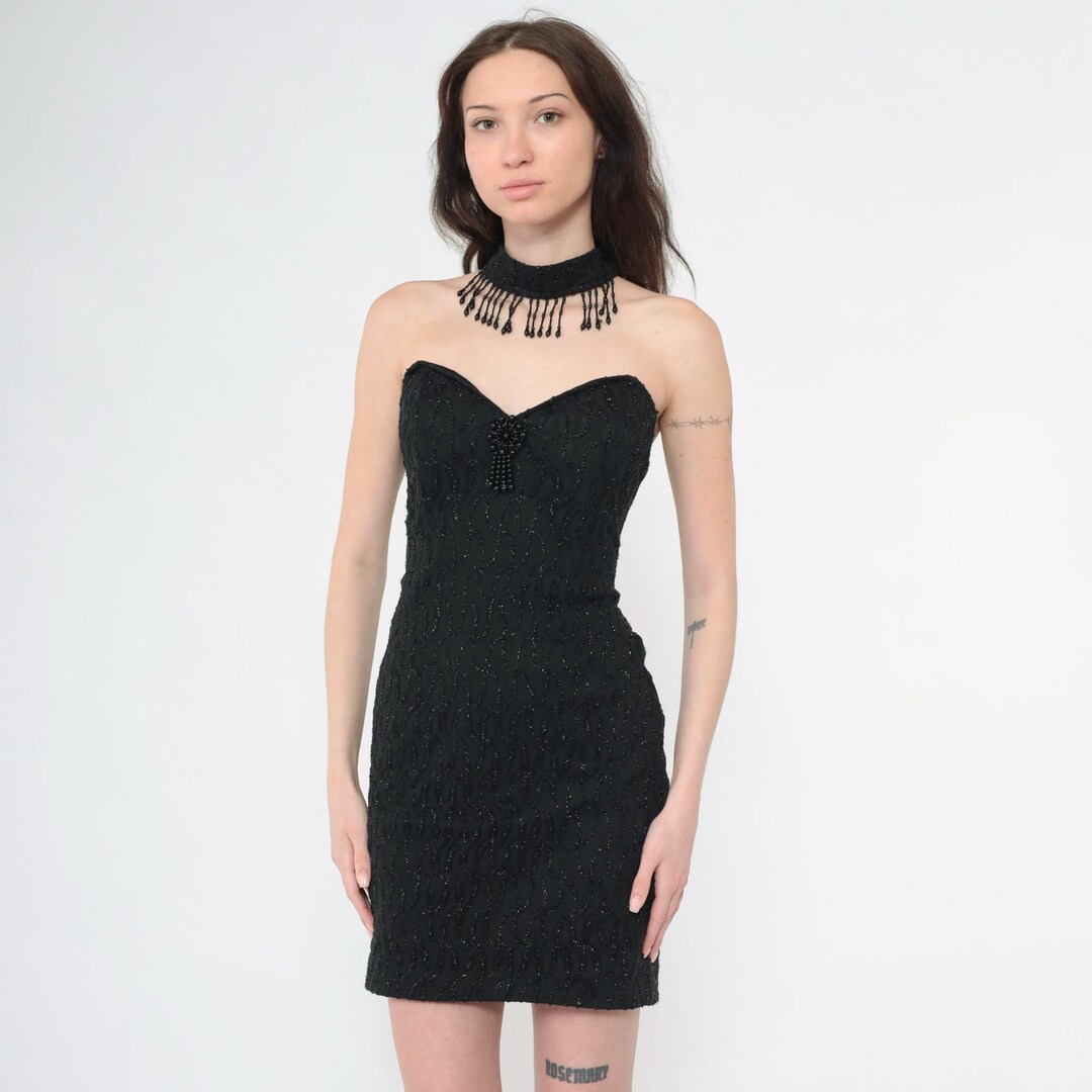 80's Black Bow Centered Strapless Cocktail Dress main image 0