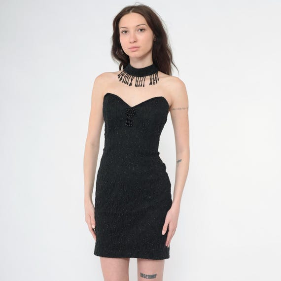 Vintage Black Beaded Cocktail Dress 80s 90s Lace Choker Neck Sweetheart Strapless Mini Open Back Bodycon Night Out Party Gown Small 6