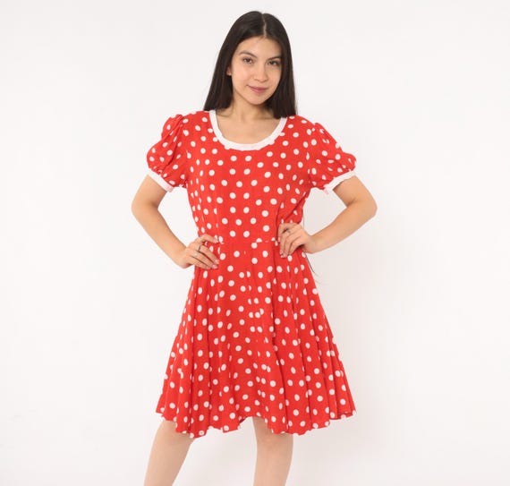 80s Polka Dot Babydoll Dress Red White Puff Sleeve Cotton Swing Pin Up Rockabilly Cherry Scarlet Vintage Mini Prairie Costume Small S