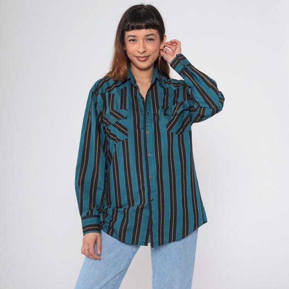 80s Western Shirt Blue Striped Pearl Snap Shirt Rodeo Long Sleeve Button Up Collared Rodeo Cowboy Top Vintage 1980s Sasson Men's Medium