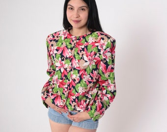 Tropischer Blumen Blazer 90er Blumen Print Jacke Pink Grün Marine Blau Cocktail Sommer Adretter Vintage 1990s Evan Picone Rayon Large 12