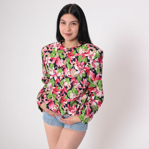 Tropical Floral Blazer 90s Bright Flower Print Jacket Pink Green Navy Blue Cocktail Summer Preppy Vintage 1990s Evan Picone Rayon Large 12