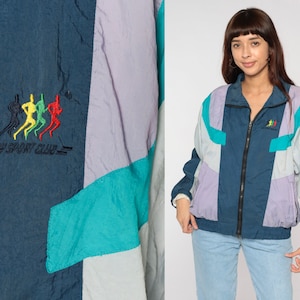 90s Color Block Windbreaker Easy Sport Club Jacket Zip Up Track Jacket Retro Sportswear Hipster Blue Purple Grey Vintage 1990s Men&#39;s Small S