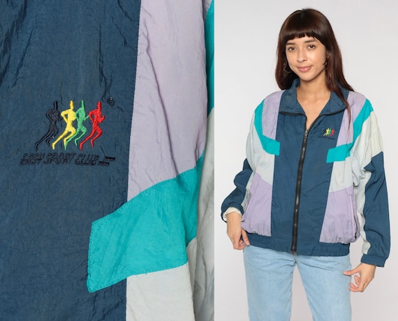 90s Color Block Windbreaker Easy Sport Club Jacket Zip Up Track Jacket Retro Sportswear Hipster Blue Purple Grey Vintage 1990s Men's Small S