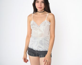 White Cami Top 80s Lingerie Camisole Tank Top Lace Trim Undershirt