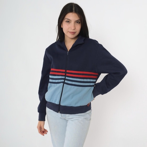 Vintage Navy Blue Zip Up Track Jacket 90s Colorblock Striped High Collar Retro Sporty Full Zip USA Made 1990s Color Block Athletic Medium M