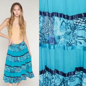 Blue Tiered Skirt Y2k Midi Skirt Abstract Animal Print Ribbon Trim Hippie Skirt Flowy Festival Summer Cotton Vintage 00s Small Medium Large image 1