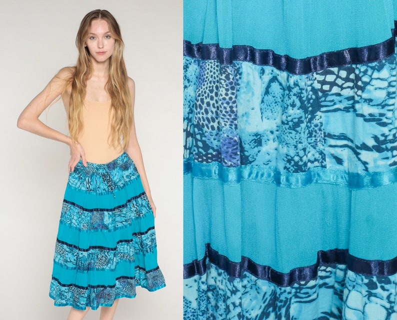 Blue Tiered Skirt Y2k Midi Skirt Abstract Animal Print Ribbon Trim Hippie Skirt Flowy Festival Summer Cotton Vintage 00s Small Medium Large image 1