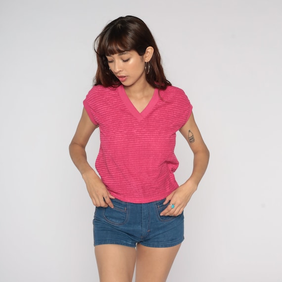 Terry Cloth Shirt 80s Hot Pink Ribbed Terrycloth Top V Neck Top Slouchy Shirt Retro Tee Cap Sleeve Top Vintage 1980s Small