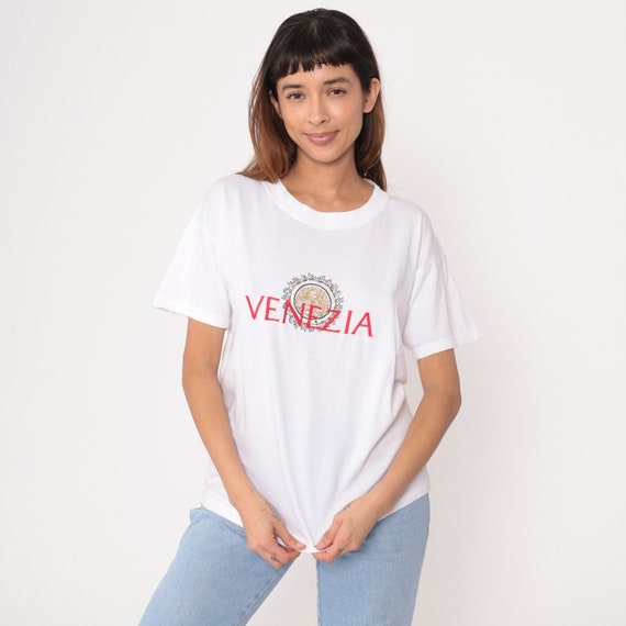 Venezia Shirt 90s Venice Italy T Shirt Gold Embroidered Lion Crest Graphic Tee Retro Tourist Italia Travel Top Vintage 1990s White Small S