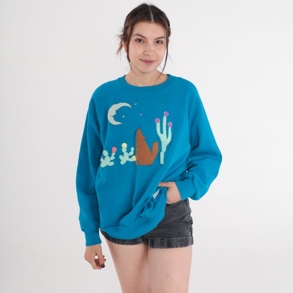 Vintage Desert Sweatshirt 90s Blue Star Studded Sweatshirt Southwest Coyote Cactus Moon Graphic Retro Raglan Sleeve Sweater 1990s Large L
