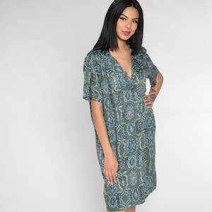 60s Shirt Dress Geometric Floral Print Day Dress Double Breasted Button up Mini Dress Short Sleeve Retro Blue Green Vintage 1960s Large L