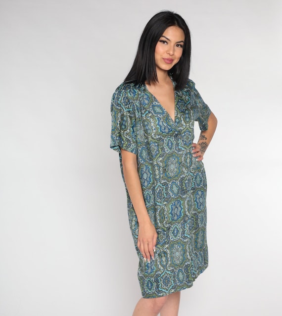 60s Shirt Dress Geometric Floral Print Day Dress Double Breasted Button up Mini Dress Short Sleeve Retro Blue Green Vintage 1960s Large L