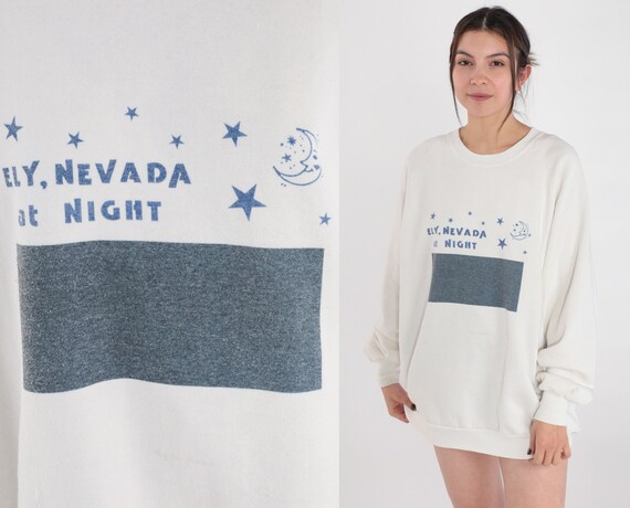 Ely Nevada Sweatshirt 90s White Pullover Raglan Sleeve Sweater Funny At Night Graphic Shirt Desert Joke Retro Vintage 1990s Jerzees 2xl xxl