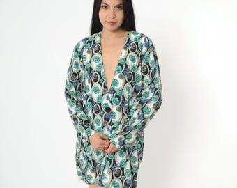 Vintage Floral Blazer Jacket Black White Blue Summer Jacket 90s Deep V Neck Single Button Up Bohemian 1990s Boho Geometric Retro Large 11